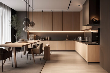 3d rendering beautiful kitchen with dining table, in luxury scandinavian apartment, fine furniture, nice color combination generative by AI Tools, 