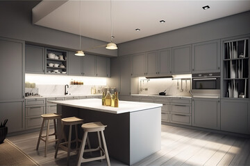 3d rendering beautiful kitchen with dining table, in luxury scandinavian apartment, fine furniture, nice color combination generative by AI Tools, 