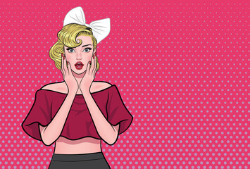 Surprised blonde woman with gaping mouth, advertising poster or party invitation with sexy woman in cartoon style. Vintage.