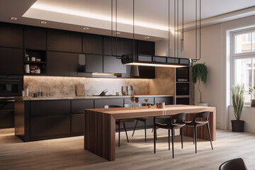 Fototapeta na wymiar 3D rendering modern kitchen interior with dining table and cooking corner, with luxury furniture, beautiful lights, generative AI