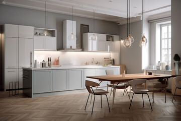 3D rendering modern kitchen interior with dining table and cooking corner, with luxury furniture, beautiful lights, generative AI