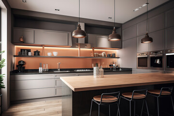 Side view on the luxury dining table and chairs in stylish kitchen room with wooden floor and wall part, great city view from big window and light kitchen set and ceiling. 3D rendering, generative AI