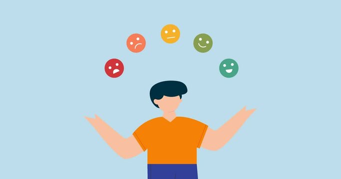 4k animation of Emotional intelligence. cheerful man juggling expression emotional faces