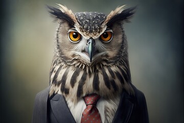 Owl in business clothes. Realism, color, formal wear, bird. Illustration. AI