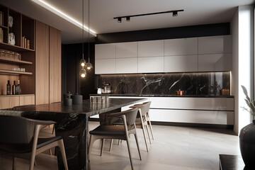 3D rendering modern kitchen, with luxury furniture, beautiful light, color scheme, concept, generative AI