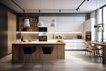 3D rendering modern kitchen, with luxury furniture, beautiful light, color scheme, concept, generative AI