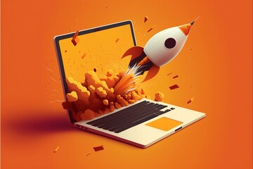 The rocket takes off. Cartoon, orange, success, reach heights. Illustration. AI