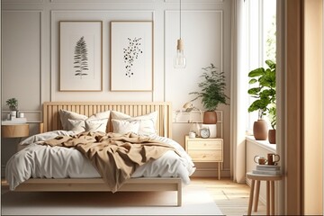 Scandinavian style room. Realism, bedroom, cozy room. illustration. AI