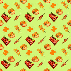 Chinese food seamless pattern. Hand drawn different types of asian food in wooden steamers repeating background. Tasty chinese food, delicious har gao, sticky rice, rolls.