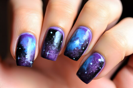 realistic photo of galaxy nail art on hand, made with generative ai