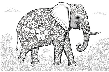 Elephant in line art style. Coloring pages for children. Created with generative AI technology.