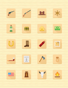 Western icons set, Wild West, Canyon, Cowboy culture, Cowboy hat and boots, Western badge collection
