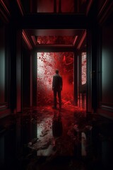 A Man Standing in a Bloody Hallway Generative AI