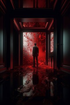 A Man Standing in a Bloody Hallway Generative AI