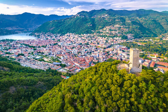 Town of Como and Baradello tower aerial view