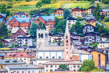 Town of Bormio in Dolomites Alps towers view