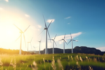 Wind turbines in summer field with sunlight - renewable energy concept. Generative AI