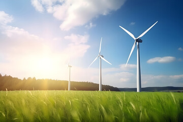 Fototapeta premium Solar panels and wind turbines in grassy field with sunlight - renewable energy concept. Generative AI