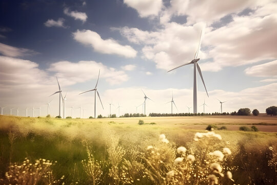 Wind turbines in summer field with sunlight - renewable energy concept. Generative AI