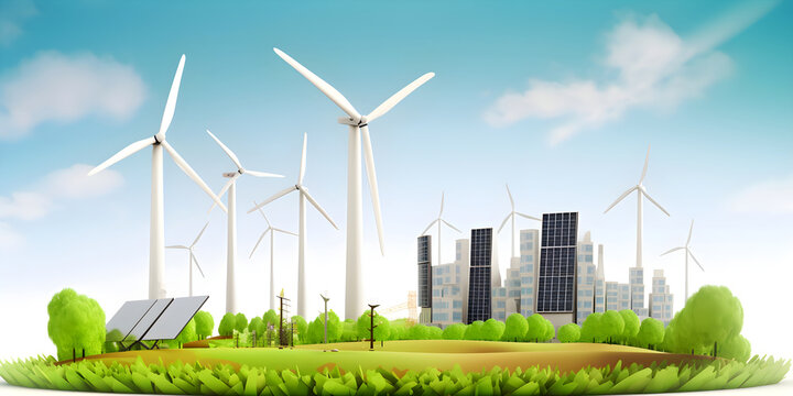 Solar panels and wind turbines - renewable energy concept. Generative AI