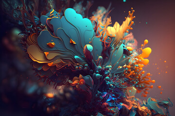 Fototapeta na wymiar Coral reef in aquarium, Abstract Art, underwater, paint splash, vivid Colors, abstract background