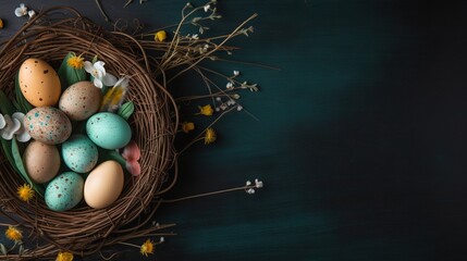 Easter holiday background with copy space. Top view Easter eggs, colorful wallpaper