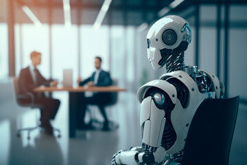 Robot employee sitting in the workplace in the office, modern technology android instead of an employee at the interview, cyber security business spheres. Generative AI.