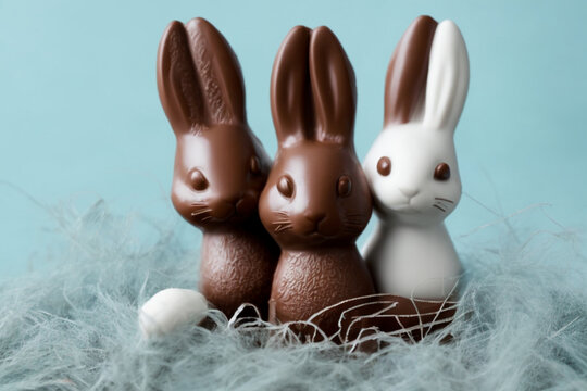 3 chocolate bunnies on top of the snow with a blue background