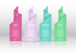 Business infographics. 4 stages of achieving the goal. Stages of the workflow, development, marketing, plan or training. Business strategy with icon icons. Report or statistics schema