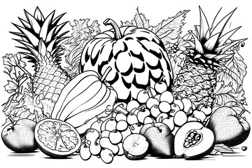 Coloring page - summer still life with fruits created with Generative AI technology.