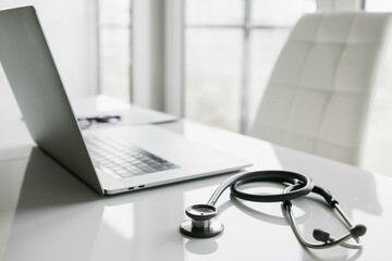 Doctor office desk, work place of physician, therapist, practitioner, health worker or medical...