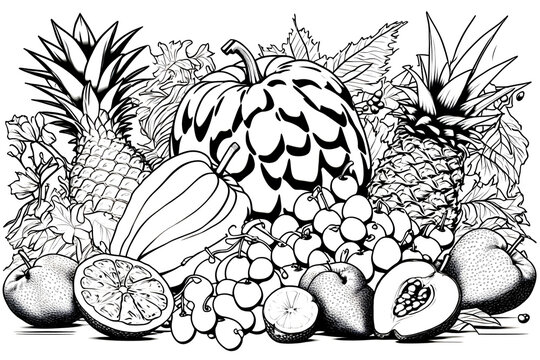 Coloring page - summer still life with fruits created with Generative AI technology.