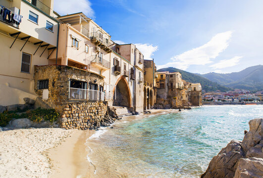 Beautiful view of Cefalu town, Sicily island, Italy. Popular travel destination and tourist attraction in Europe