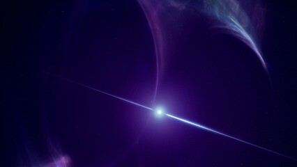 Concept of spinning pulsar in space nebula emitting high energy gamma ray bursts. 3D illustration depicting blinking radiation flares of a magnetar or neutron star core in interstellar gas in cosmos.