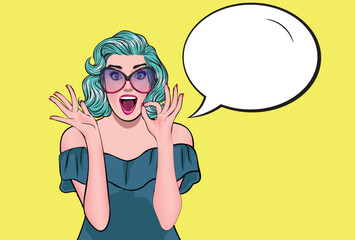 Pretty woman in glasses showing OK sign with speech bubble, party invitation or birthday greeting card with red haired girl in vintage hollywood dress.