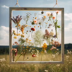 Framed wildflower floral arrangement on a meadow
