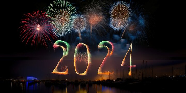 Himmel voller Funken: Feuerwerk 2024 Silvester mit der Jahreszahl am Himmel. (Generative AI)