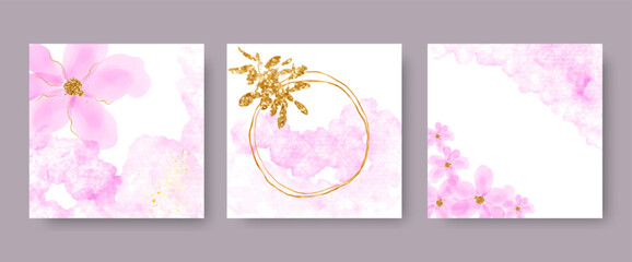 Trendy abstract square art templates with watercolor, flower and gold elements for greeting card, social media cover
