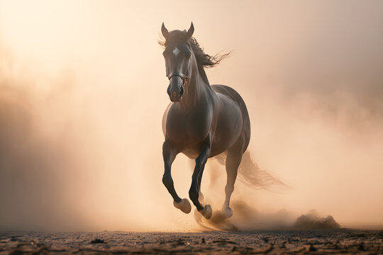Photo horse running in the paddock on the sand in summer animals on the ranch sunset