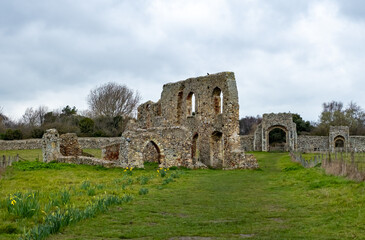 Fototapeta na wymiar Front on view of an old historic chapel or priory in Dunwich in Suffolk