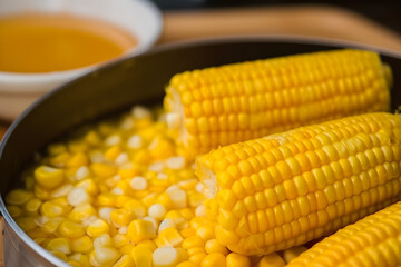 Cooked corn in the pot. June celebration, Corn Sao Joao party Junina brazilian nordeste canjica pamonha