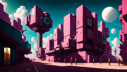 Futuristic City Buildings Funky Cyberpunk modern art illustration Generative AI