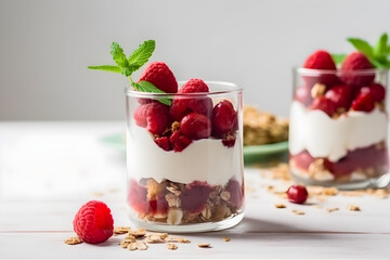 Yogurt with strawberry Healthy breakfast. Fresh granola, muesli with yogurt and berries on marble bottom