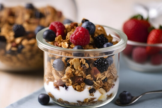 Oatmeal with berries healthy breakfast. Fresh granola, muesli with yogurt and berries on marble bottom