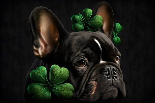 Bulldog puppy and his puppy on patrick's day lucky clover happy day sausage dog with lucky clover isolated on black dark dramtic, Generative ai