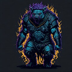 Fototapeta premium T-shirt sticker art of a grafitti fantasy berserker pig, illustration, painting, drawing, devil, evil, animal, halloween, monster, tatoo, vector, horror, full body, boardgame, card game, concep art