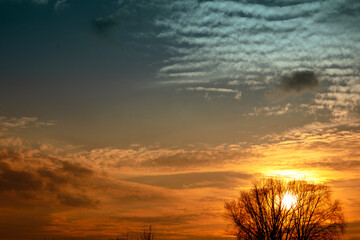Beautiful orange sunset. Setting sun against the blue sky
