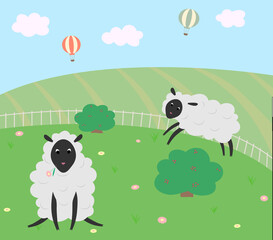 springtime green field with sheep flock and airballoons