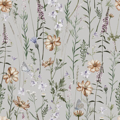 Meadow flowers and herbs  seamless pattern. Common blue butterflies and meadow cornflowers, Consolida regalis, Chamerion angustifolium, Cosmos flower.
