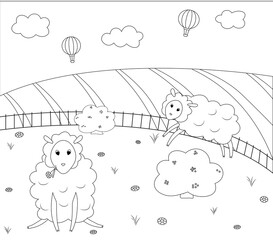 springtime green field with sheep flock and airballoons coloring page